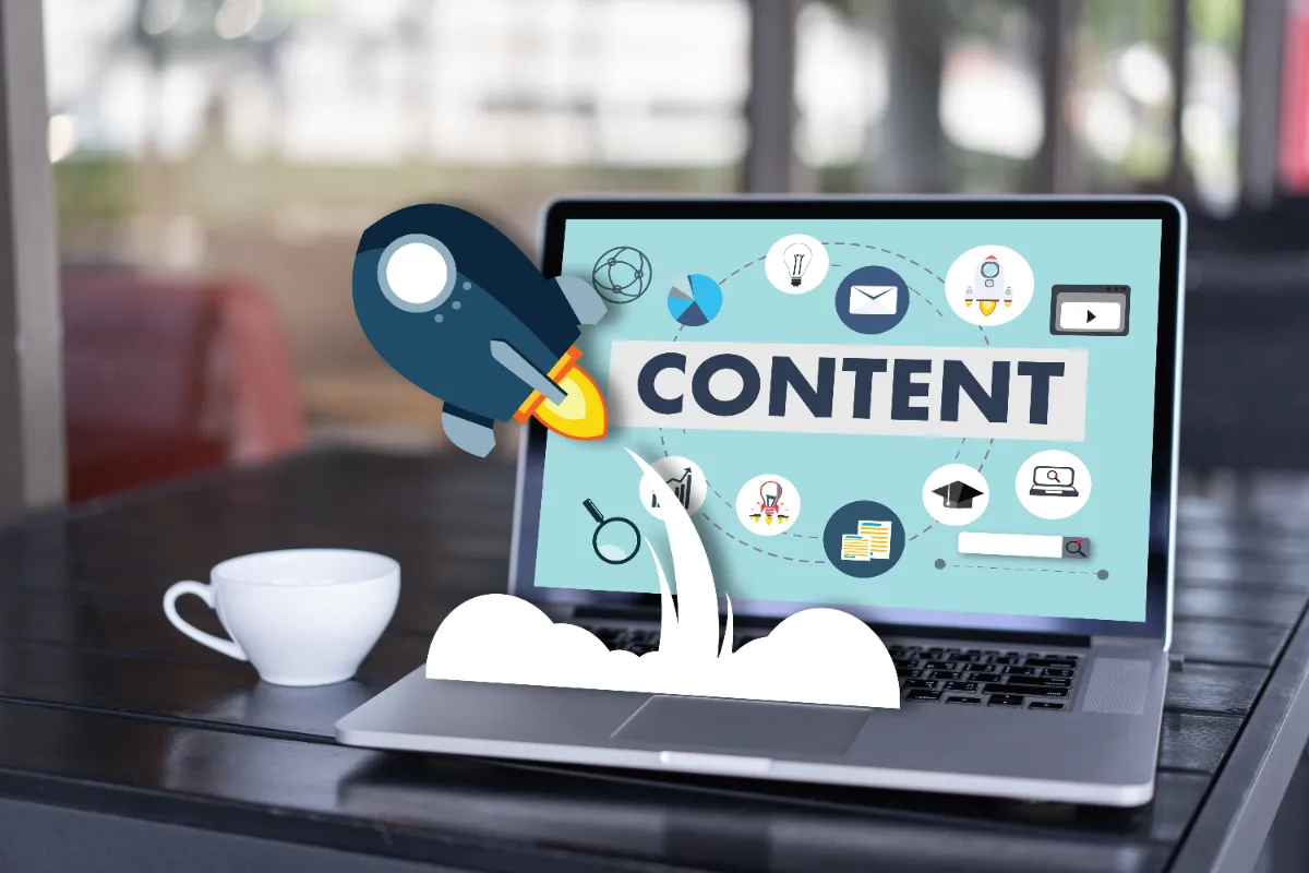 a stylized image of website content jumping out of a laptop screen