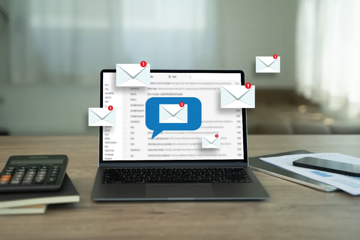 stylized image of email icons floating out of a laptop screen