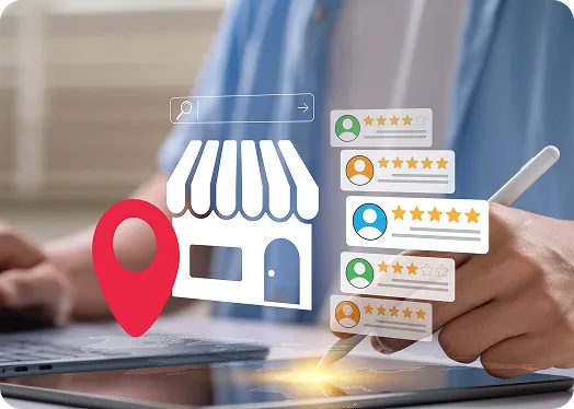 a stylized image of business reviews hovering above an ipad in use