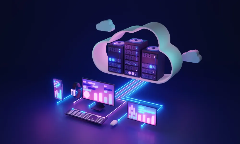 a stylized image of a computer coming out of a cloud