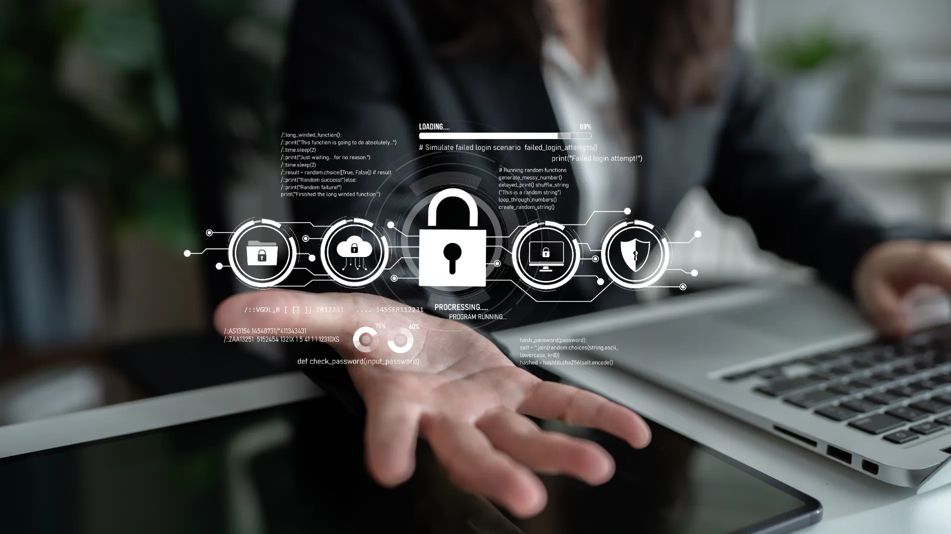 a stylized image of a hand holding out various icons including a lock