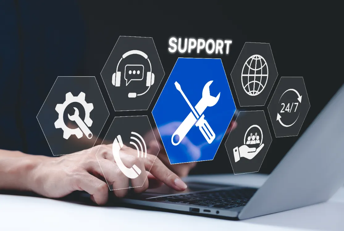 a sylized image of IT support icons hovering over a laptop in use