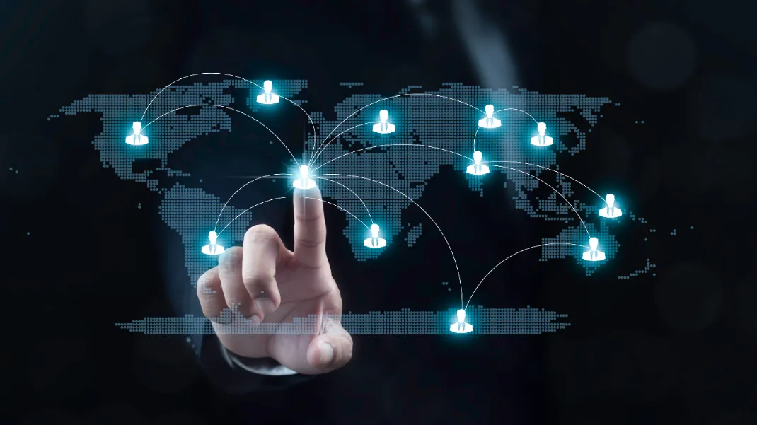 a stylized image of a hand reaching out to a network of global users