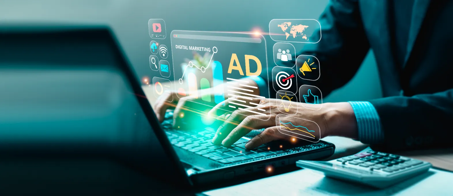 stylized image of online ads hovering over keyboard