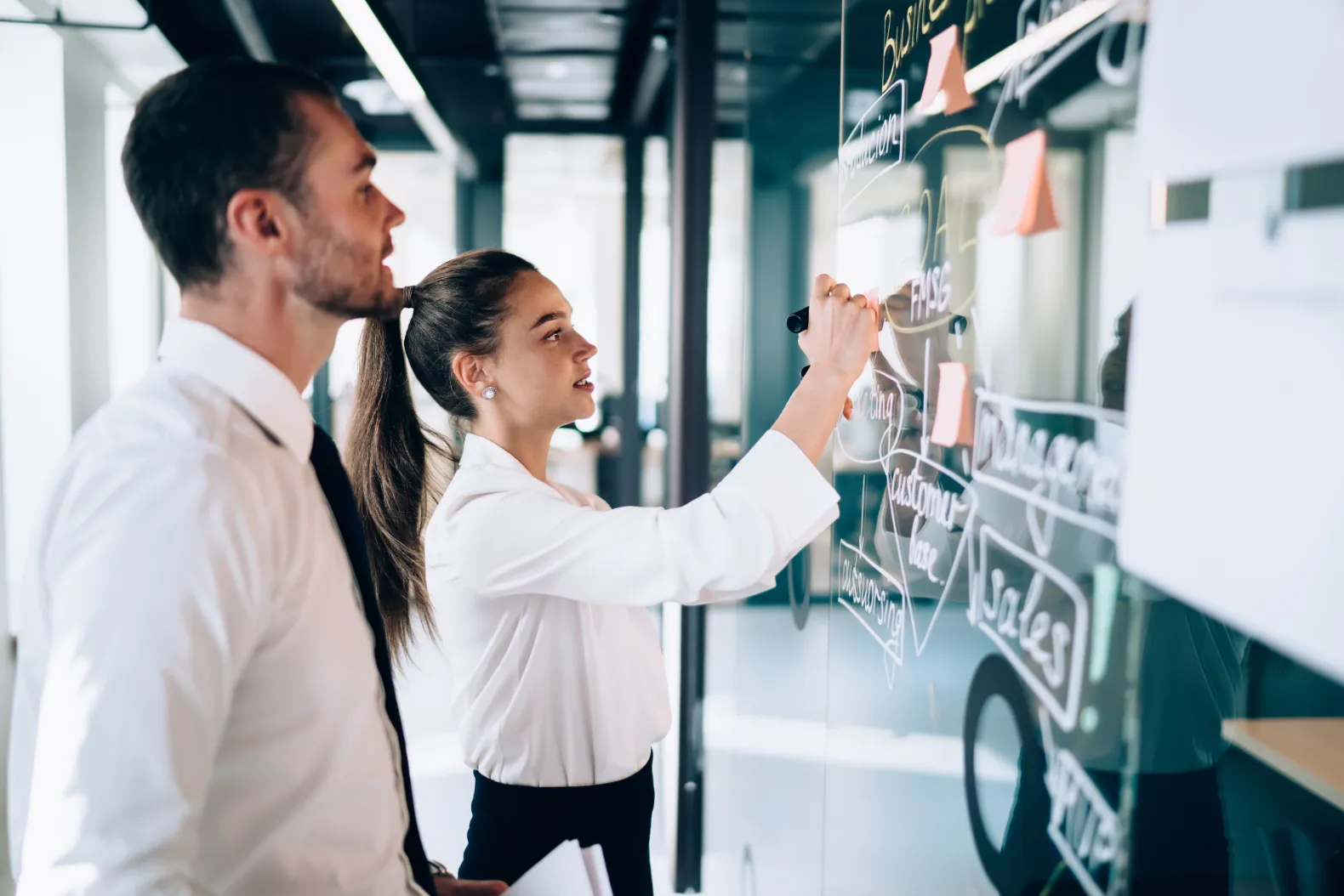 two people work on website strategy using a focus board