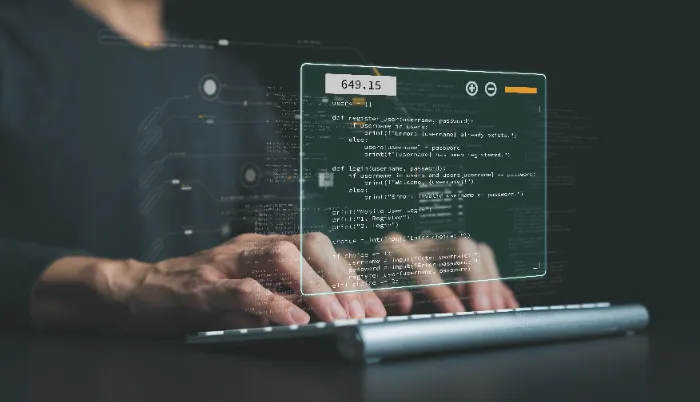 a stylized image of a code editor floating above a keyboard in use