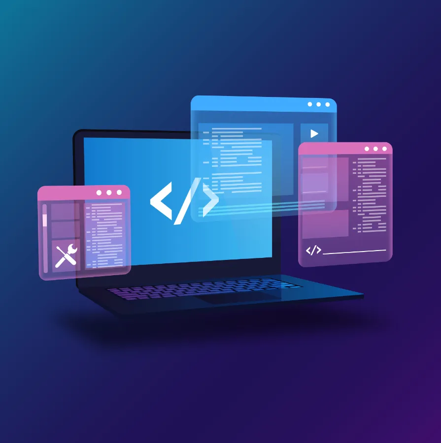 a stylized image of various floating code windows around a laptop