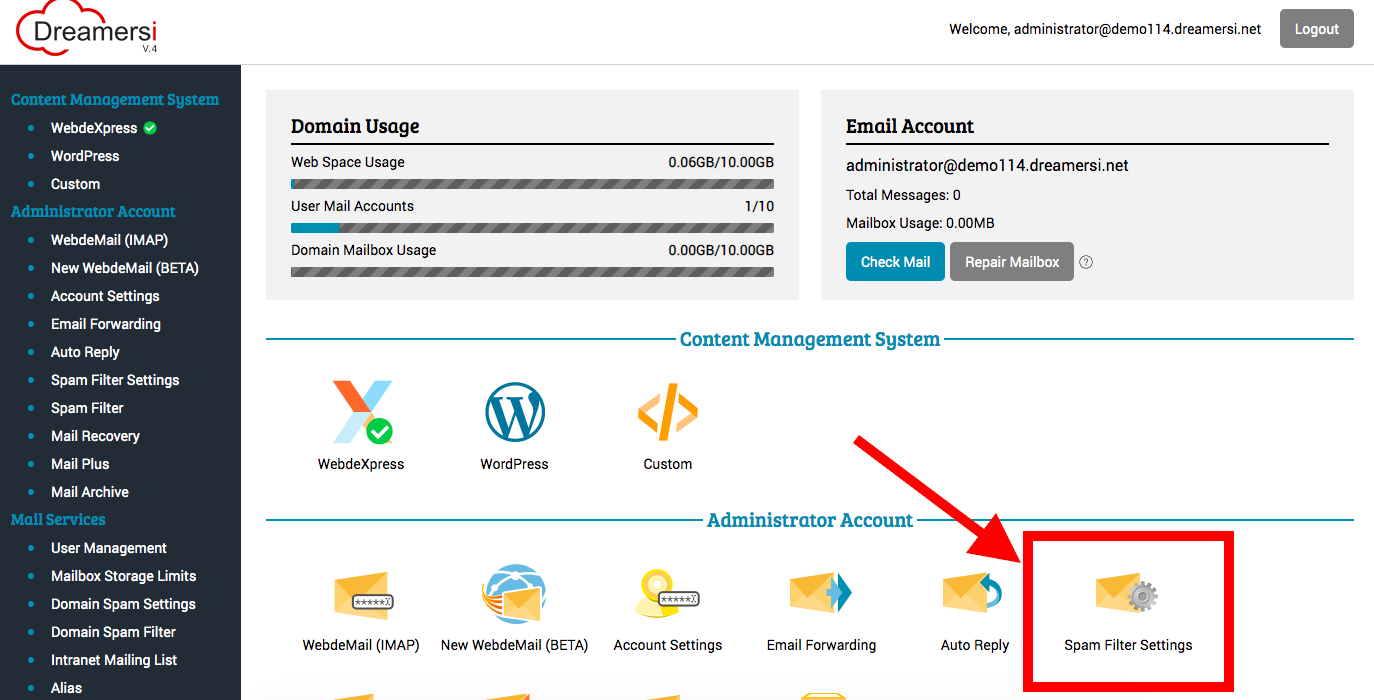 admin spam filter settings