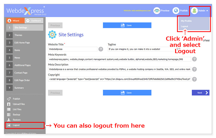 logout of the webdexpress website builder